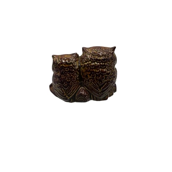 Vintage Double Owl Ceramic Figurine Brown Glazed Art Pottery Home Decor - Picture 3 of 5